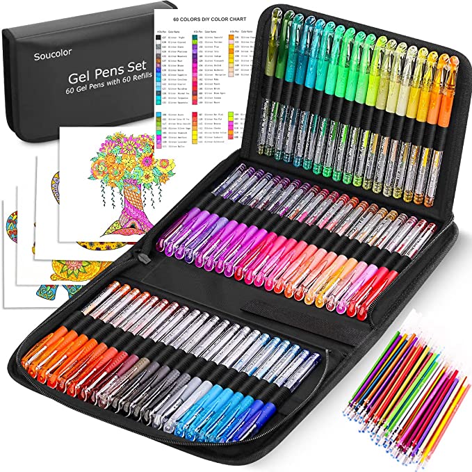 Soucolor Glitter Gel Pens for Adult Coloring Books, 120 Pack-60 Glitter Pens, 60 Refills and Travel Case, 40% More Ink Glitter Gel Markers Pen Set for Drawing Doodling Journaling Craft Art Supplies